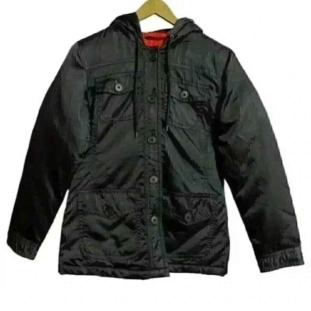 Gap Women’s XS Black Hooded Down Utility Parka Jacket Quilted Lining EUC